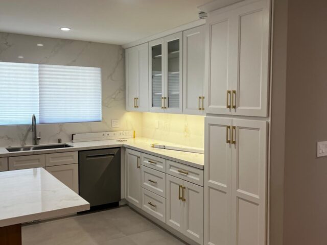 Recent kitchen remodelling, featuring new cabinets and high quality marble counters.
